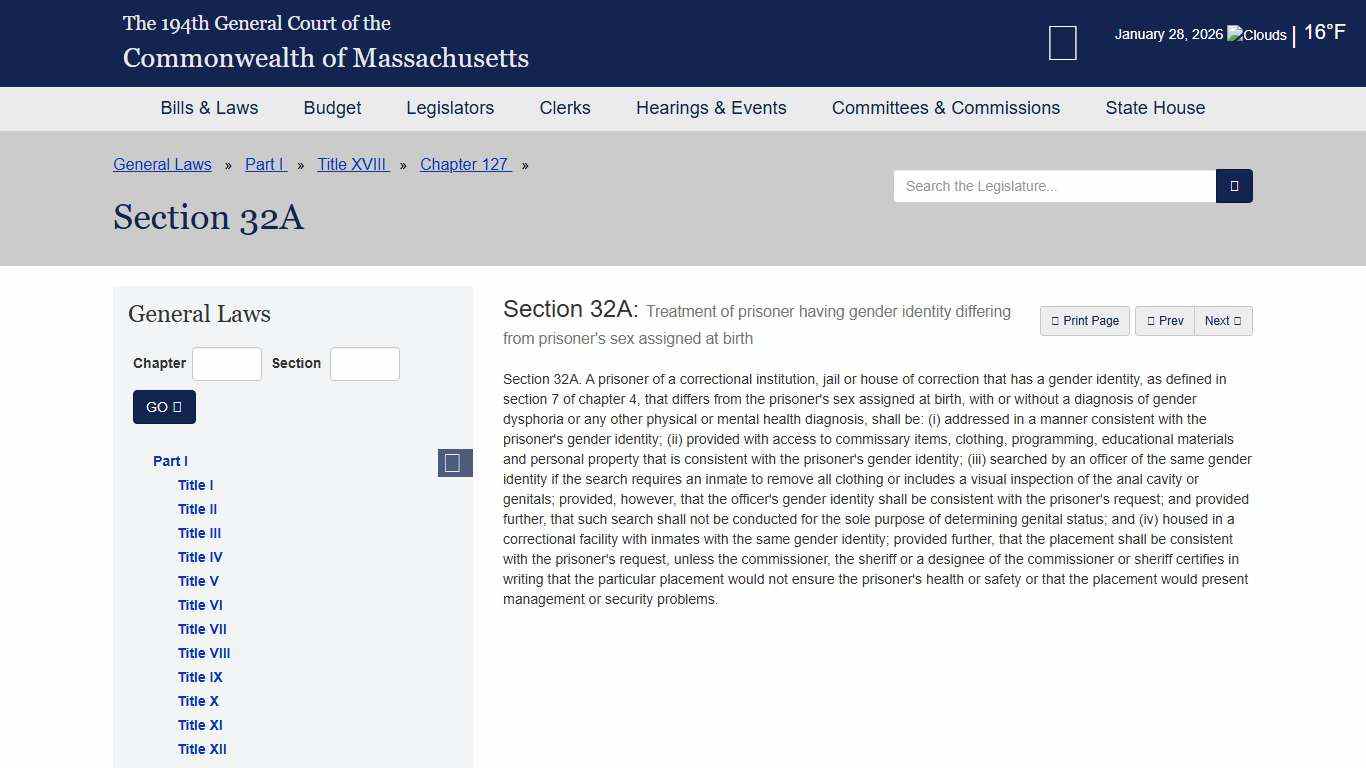 General Law - Part I, Title XVIII, Chapter 127, Section 32A